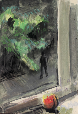 Хрущ Валентин Дмитриевич. Вид из окна с яблоком на подоконнике 